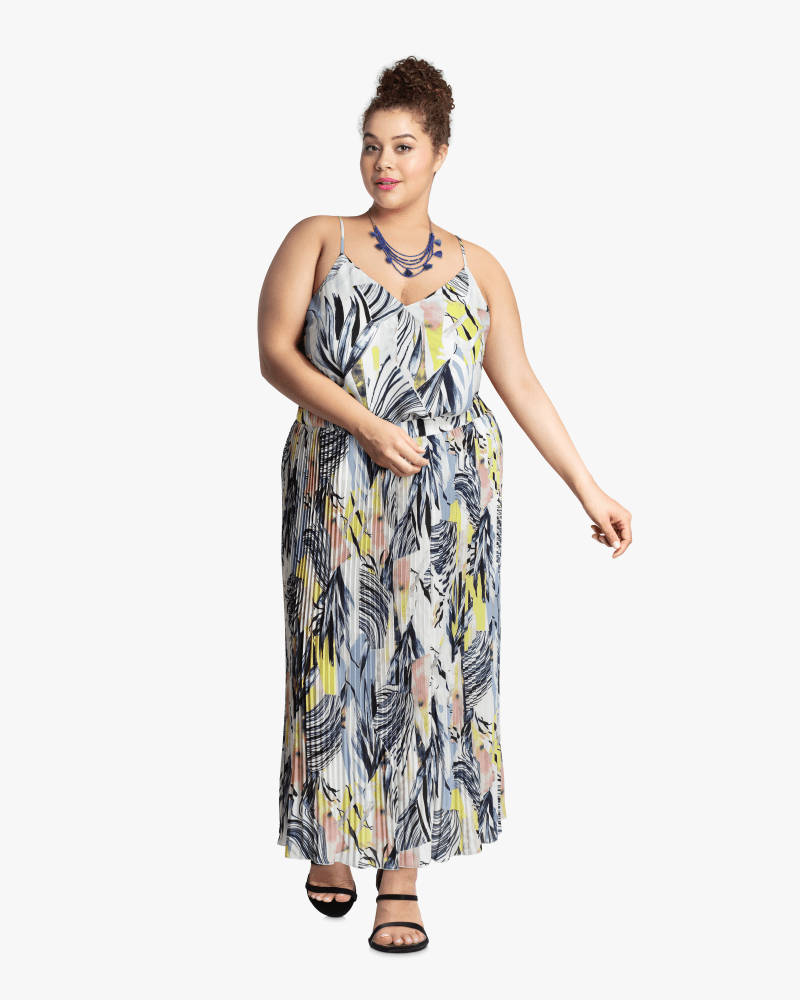 Plus size model with diamond body shape wearing Ava Pleated Maxi Skirt by Addition Elle | Dia&Co | dia_product_style_image_id:115006
